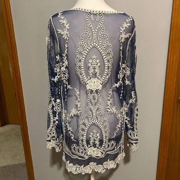 You Are Not Alone lace sheer‎ mesh embroidered boho long sleeved blue top size L - Picture 4 of 8